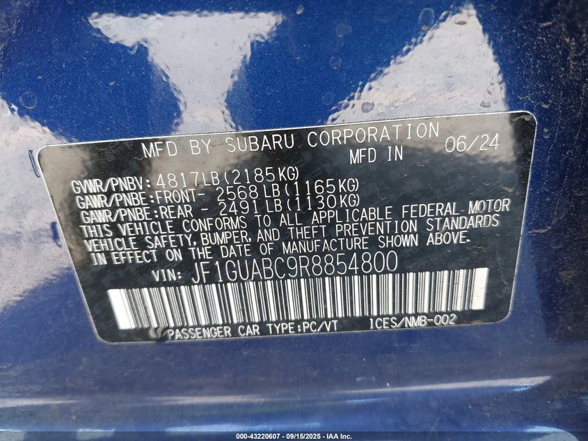 2024 SUBARU IMPREZA BASE 5-DOOR JF1GUABC9R8854800