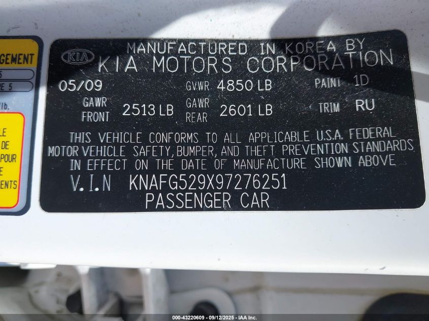 2009 Kia Rondo Lx VIN: KNAFG529X97276251 Lot: 43220609