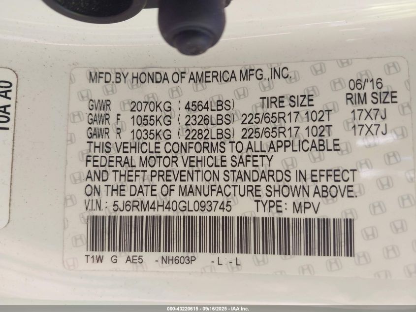 2016 Honda Cr-V Se VIN: 5J6RM4H40GL093745 Lot: 43220615