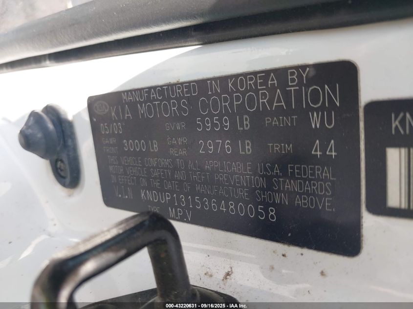 2003 Kia Sedona Ex/Lx VIN: KNDUP131536480058 Lot: 43220631