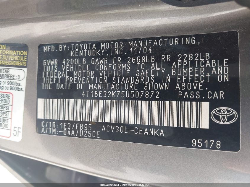 2005 Toyota Camry Le VIN: 4T1BE32K75U507872 Lot: 43220634