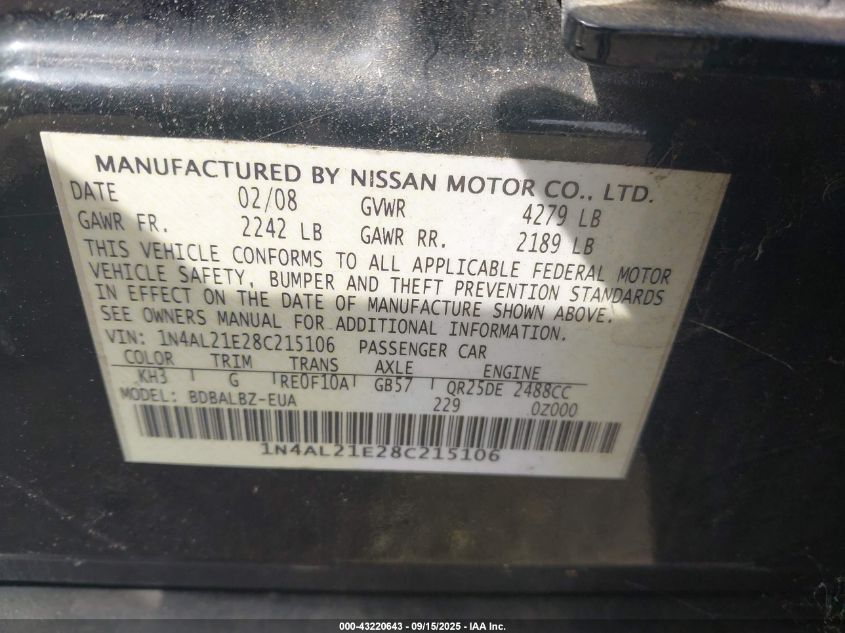 2008 Nissan Altima 2.5 S VIN: 1N4AL21E28C215106 Lot: 43220643
