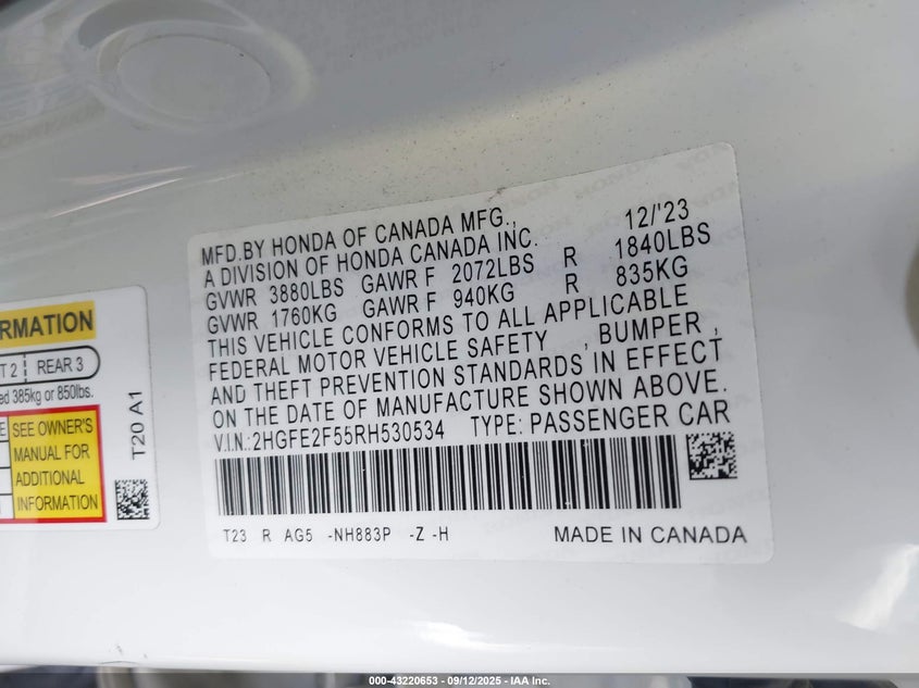 2024 Honda Civic 2.0 Sport White Lot 111043220653 Vin 2HGFE2F55RH530534