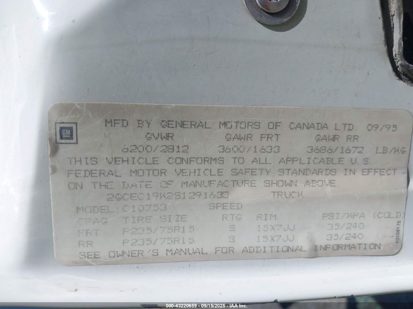 1995 Chevrolet Gmt-400 C1500 VIN: 2GCEC19K2S1291633 Lot: 43220659