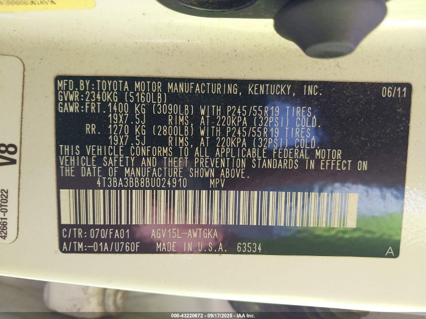 2011 Toyota Venza VIN: 4T3BA3BB8BU024910 Lot: 43220672