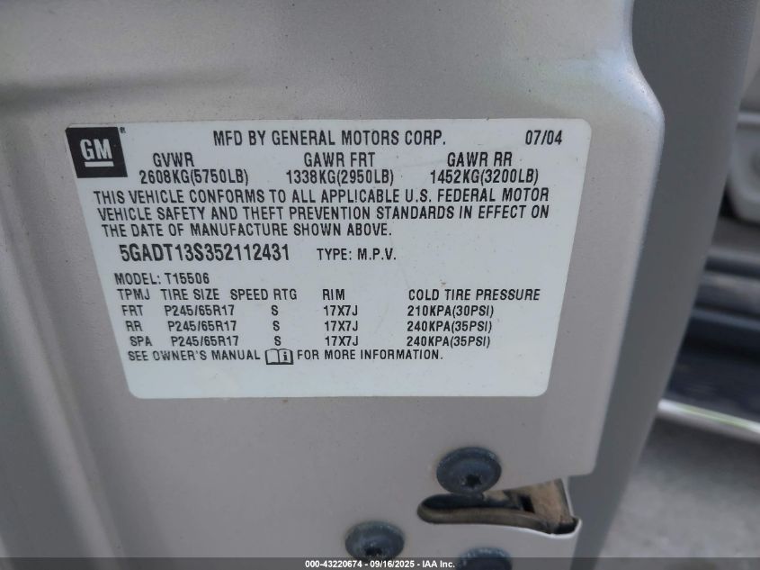 2005 Buick Rainier Cxl VIN: 5GADT13S352112431 Lot: 43220674