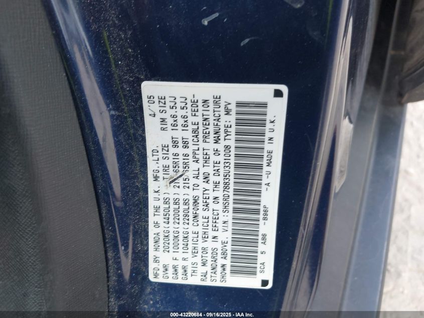 2005 Honda Cr-V Ex VIN: SHSRD78835U331008 Lot: 43220684