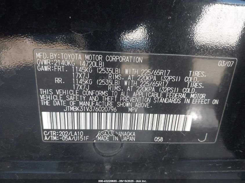 2007 Toyota Rav4 Limited VIN: JTMBK31V376020796 Lot: 43220685