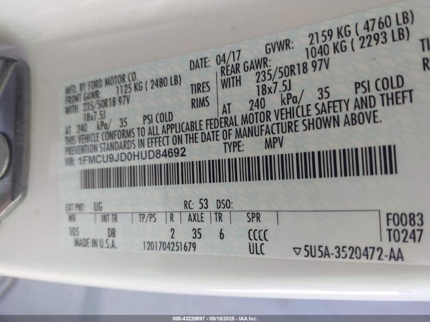 2017 Ford Escape Titanium VIN: 1FMCU9JD0HUD84692 Lot: 43220697