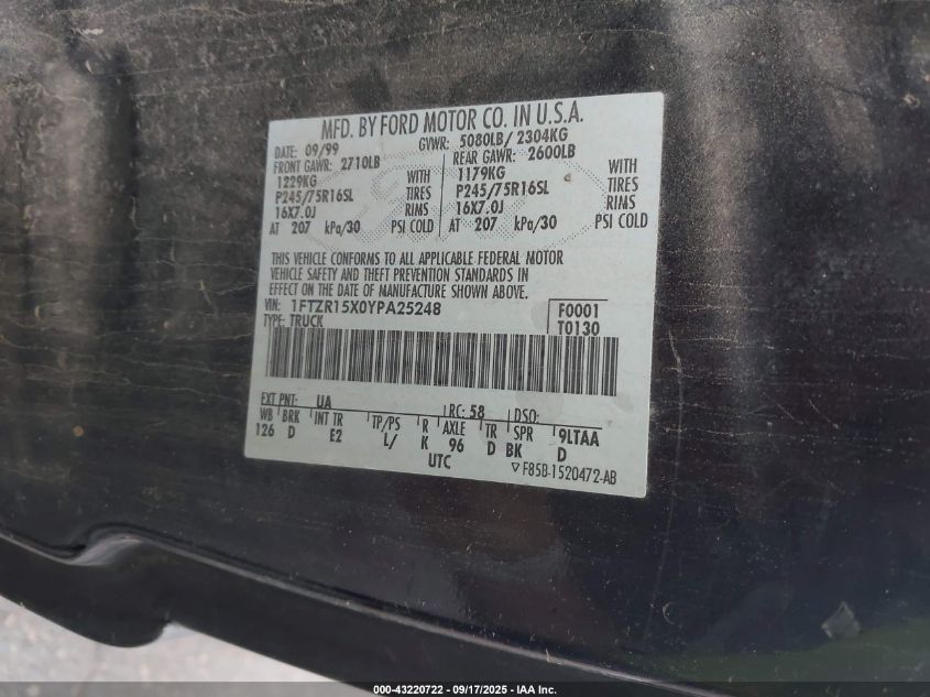 2000 Ford Ranger Xlt VIN: 1FTZR15X0YPA25248 Lot: 43220722