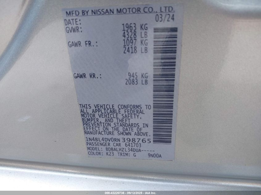 2024 Nissan Altima Sv Fwd VIN: 1N4BL4DV0RN398765 Lot: 43220736