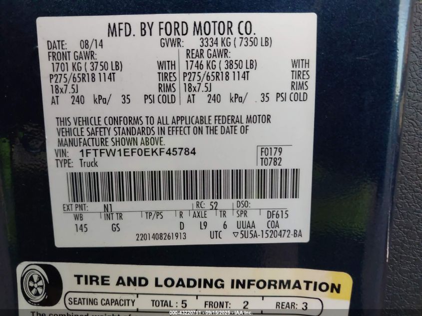 2014 Ford F-150 Xlt VIN: 1FTFW1EF0EKF45784 Lot: 43220751