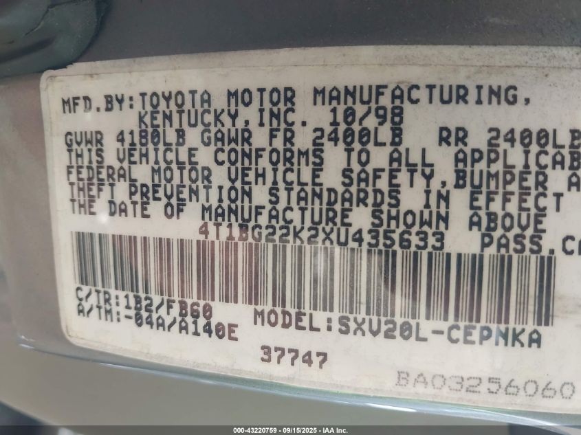 1999 Toyota Camry Le VIN: 4T1BG22K2XU435633 Lot: 43220759