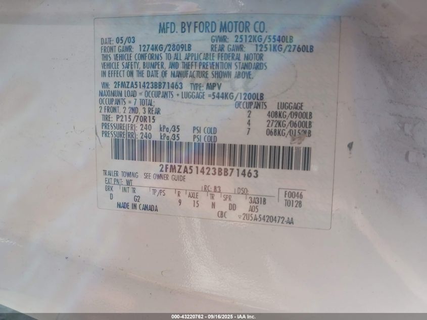 2003 Ford Windstar Lx VIN: 2FMZA51423BB71463 Lot: 43220762