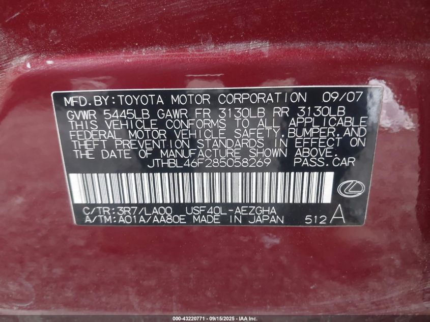 2008 Lexus Ls 460 VIN: JTHBL46F285058269 Lot: 43220771