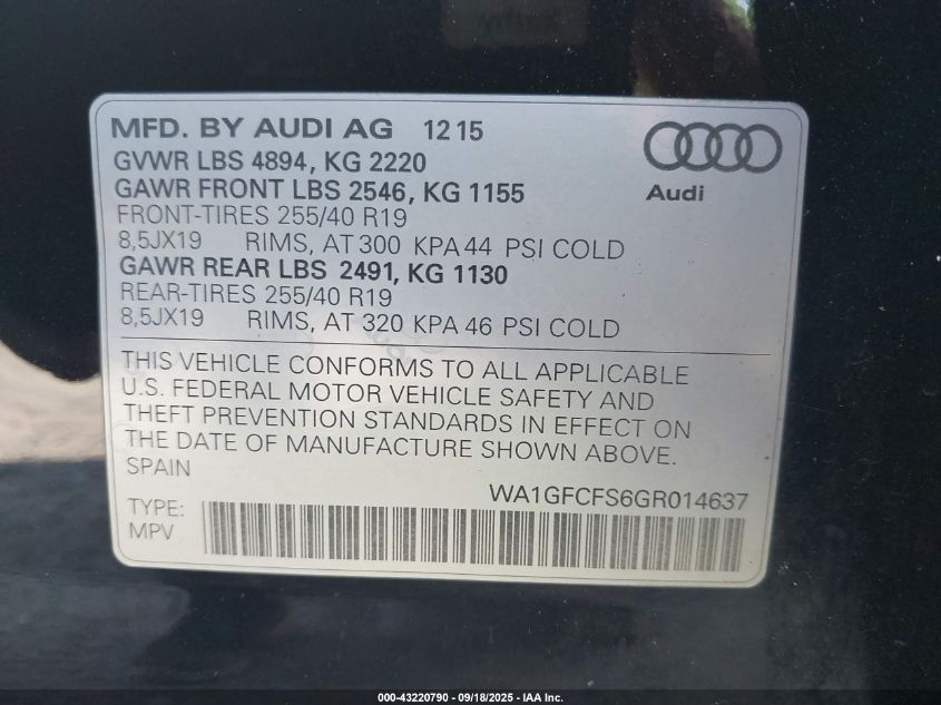 2016 Audi Q3 2.0T Premium Plus VIN: WA1GFCFS6GR014637 Lot: 43220790