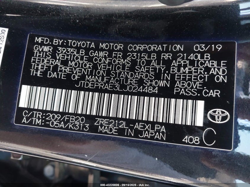 2020 TOYOTA COROLLA LE - JTDEPRAE3LJ024484