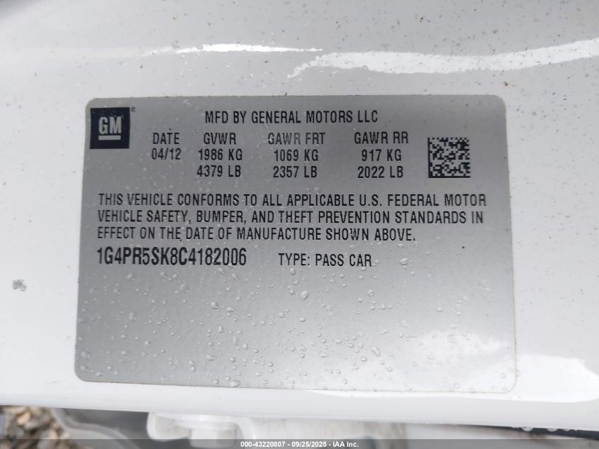 2012 Buick Verano Convenience Group VIN: 1G4PR5SK8C4182006 Lot: 43220807