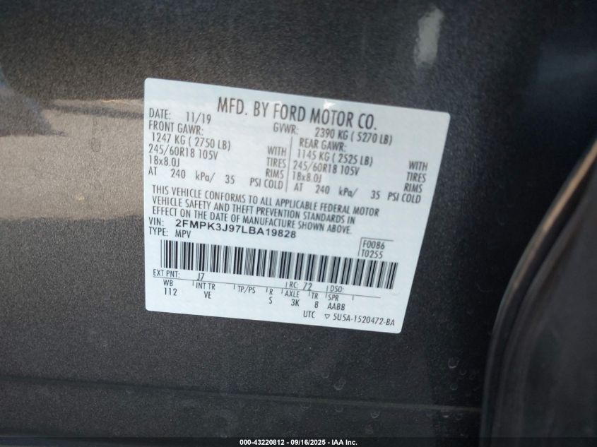 2020 Ford Edge Sel VIN: 2FMPK3J97LBA19828 Lot: 43220812