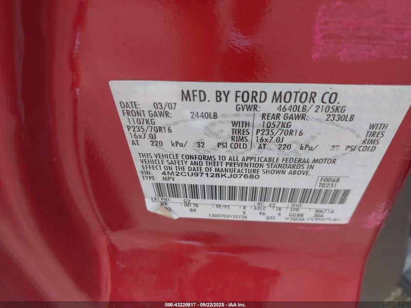 2008 Mercury Mariner Premier VIN: 4M2CU97128KJ07680 Lot: 43220817