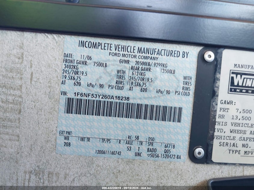 2007 Ford F550 Super Duty Stripped Chass VIN: 1F6NF53Y260A18238 Lot: 43220819