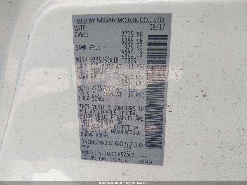 2018 Nissan Pathfinder Sv VIN: 5N1DR2MN2JC605710 Lot: 43220846