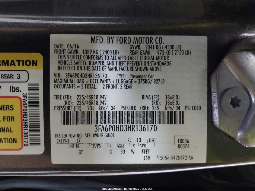 2017 Ford Fusion Se VIN: 3FA6P0HD3HR136170 Lot: 43220848