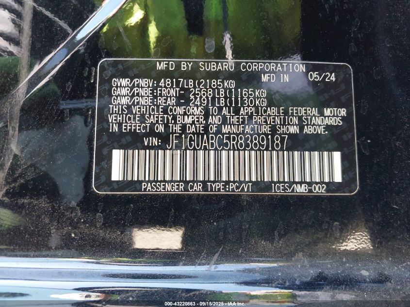 2024 Subaru Impreza Base 5-Door VIN: JF1GUABC5R8389187 Lot: 43220863