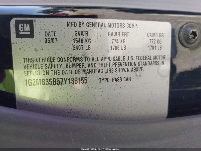 2007 Pontiac Solstice VIN: 1G2MB35B57Y138155 Lot: 43220876