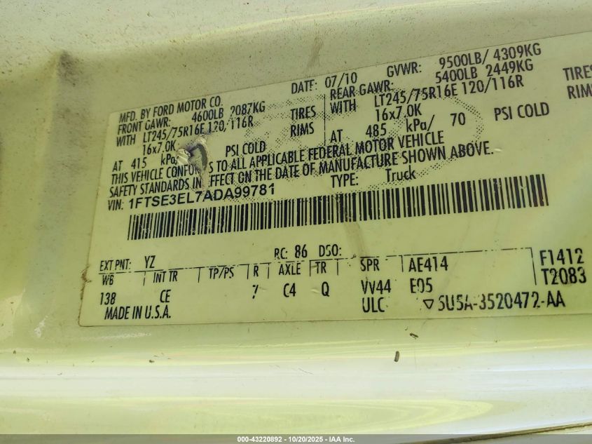 2010 Ford E-350 Super Duty Commercial/Recreational VIN: 1FTSE3EL7ADA99781 Lot: 43220892