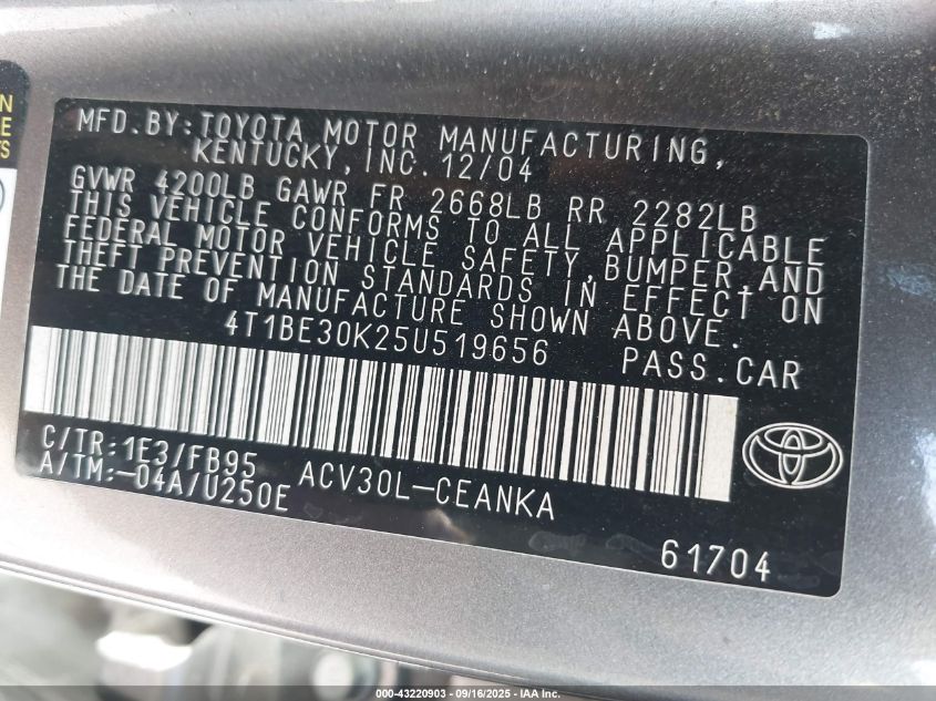 2005 Toyota Camry Le VIN: 4T1BE30K25U519656 Lot: 43220903