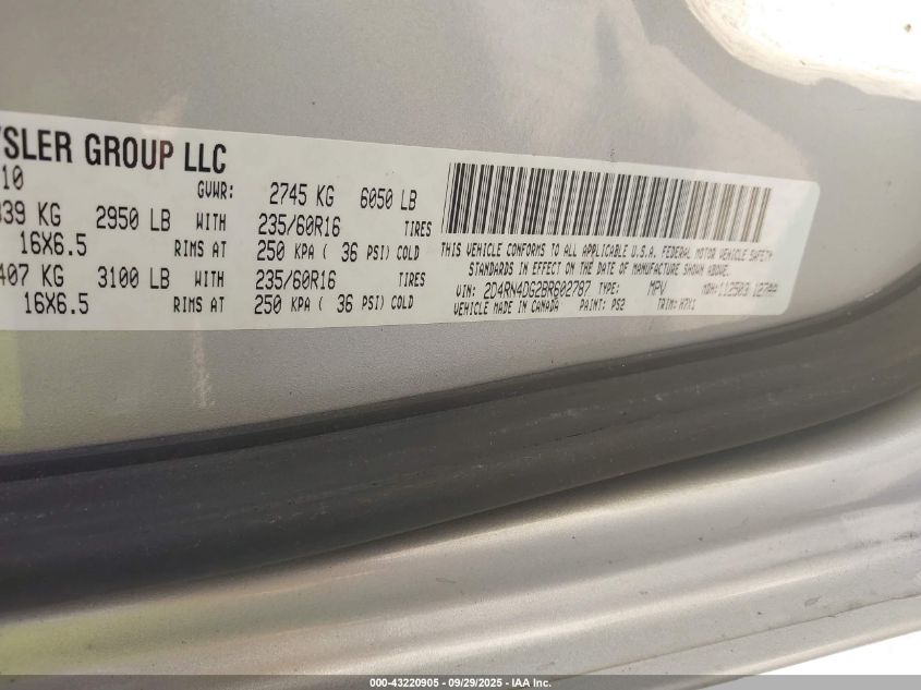 2011 Dodge Grand Caravan Express VIN: 2D4RN4DG2BR602787 Lot: 43220905