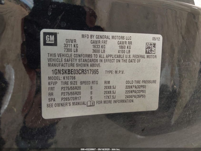 2012 Chevrolet Tahoe Lt VIN: 1GNSKBE03CR317995 Lot: 43220907