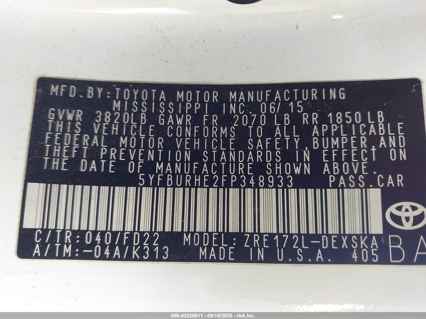 2015 Toyota Corolla S Plus VIN: 5YFBURHE2FP348933 Lot: 43220911