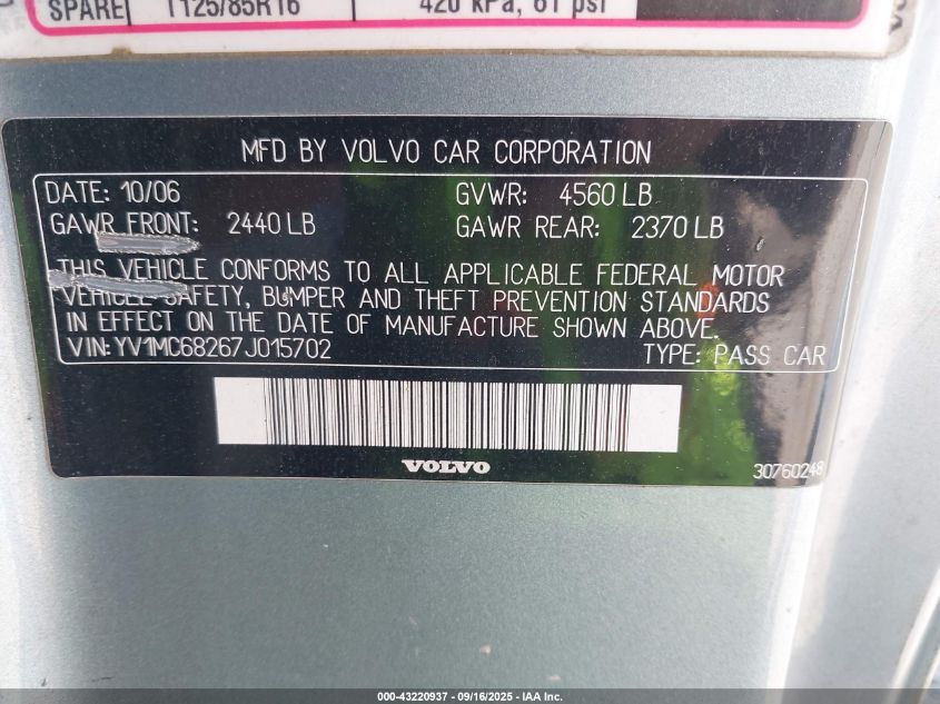 2007 Volvo C70 T5 VIN: YV1MC68267J015702 Lot: 43220937