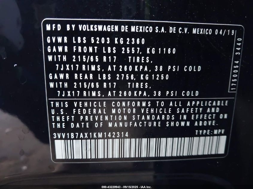 2019 Volkswagen Tiguan 2.0T S VIN: 3VV1B7AX1KM142314 Lot: 43220943