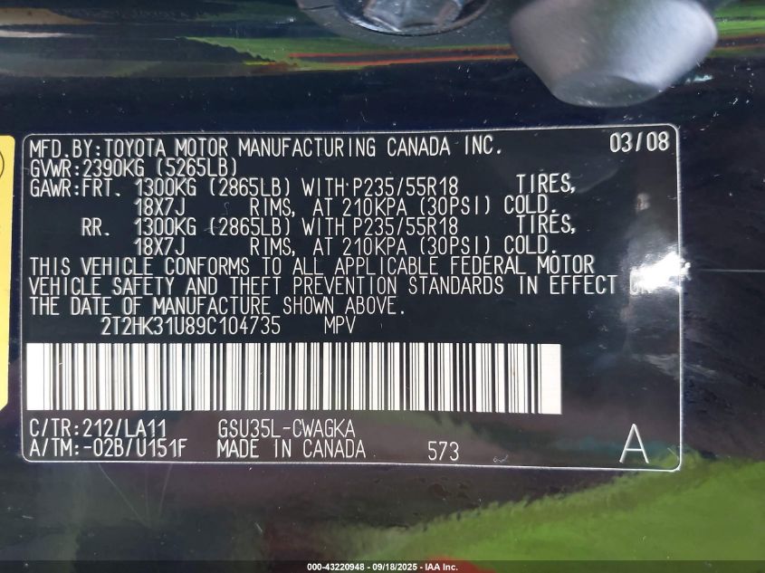 2009 Lexus Rx 350 VIN: 2T2HK31U89C104735 Lot: 43220948