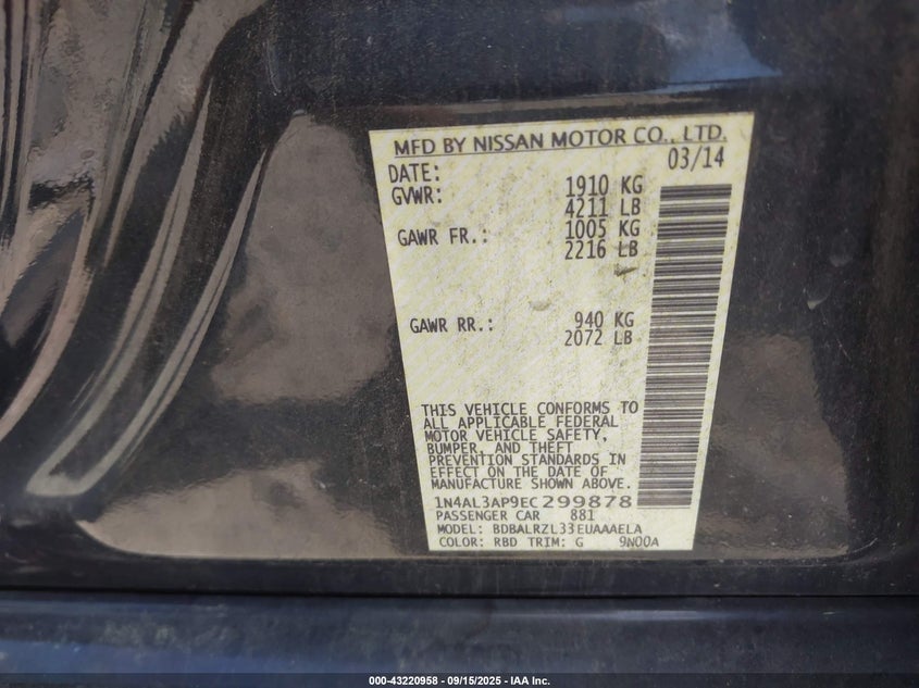 2014 NISSAN ALTIMA 2.5 S 1N4AL3AP9EC299878