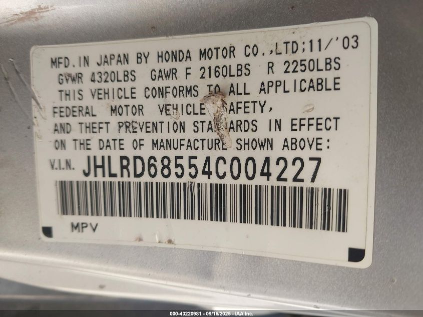 2004 Honda Cr-V Lx VIN: JHLRD68554C004227 Lot: 43220981