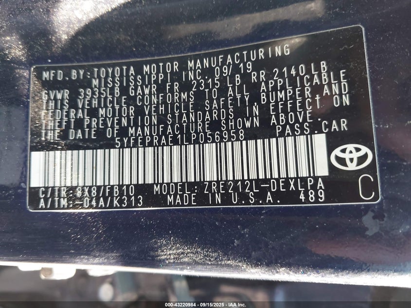 2020 TOYOTA COROLLA LE - 5YFEPRAE1LP056958