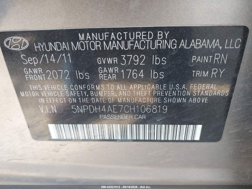 2012 Hyundai Elantra Limited VIN: 5NPDH4AE7CH106819 Lot: 43221012