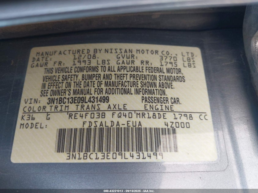 2009 Nissan Versa 1.8S VIN: 3N1BC13E09L431499 Lot: 43221013
