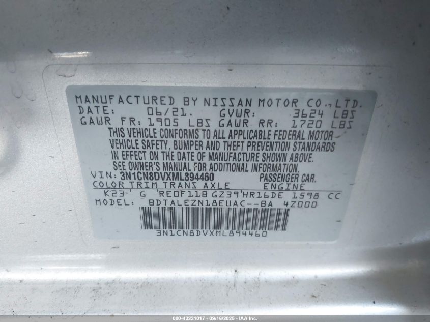 2021 Nissan Versa S Xtronic Cvt VIN: 3N1CN8DVXML894460 Lot: 43221017