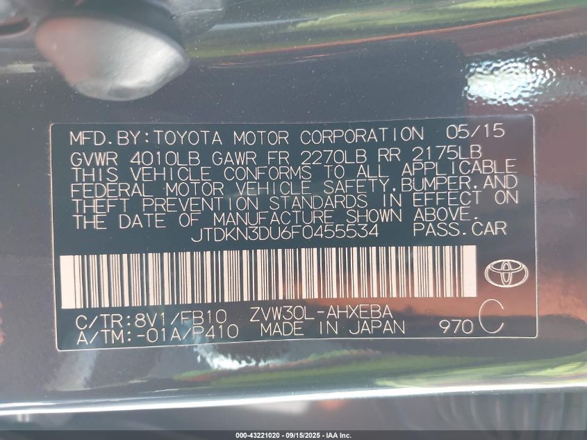 2015 Toyota Prius Two VIN: JTDKN3DU6F0455534 Lot: 43221020