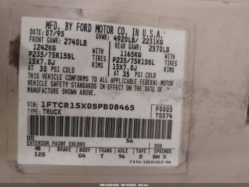 1995 Ford Ranger Super Cab VIN: 1FTCR15X0SPB08465 Lot: 43221026