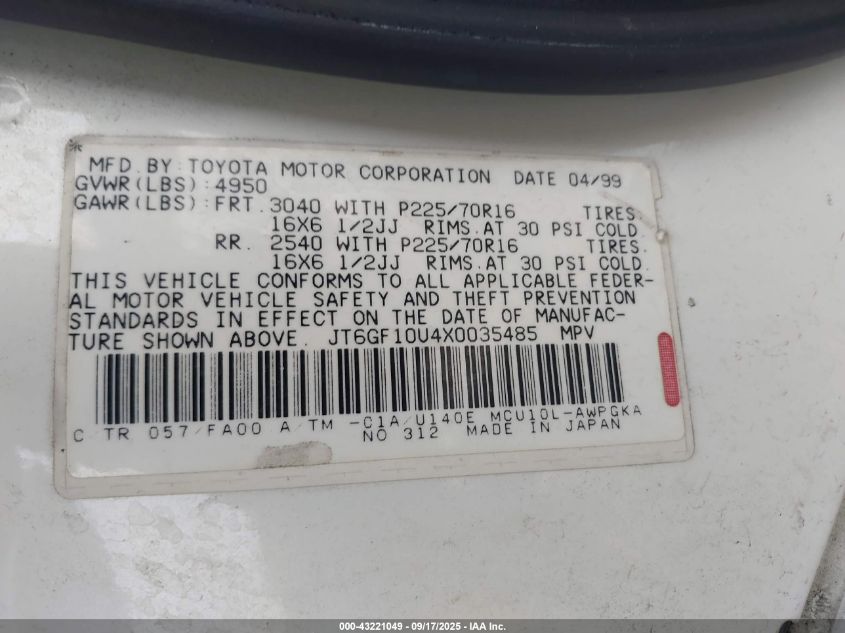 1999 Lexus Rx 300 VIN: JT6GF10U4X0035485 Lot: 43221049