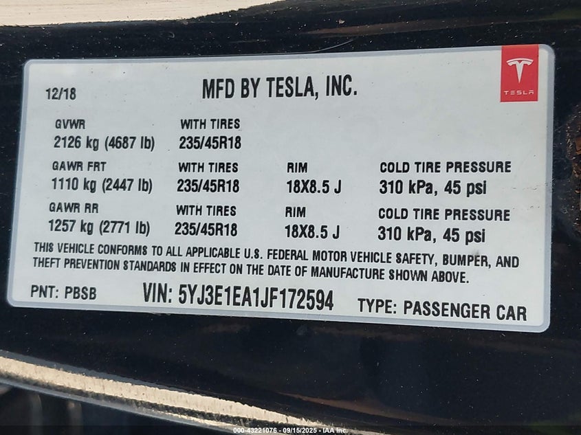 2018 Tesla Model 3 Long Range mid Range Black Lot 111043221076 Vin 5YJ3E1EA1JF172594