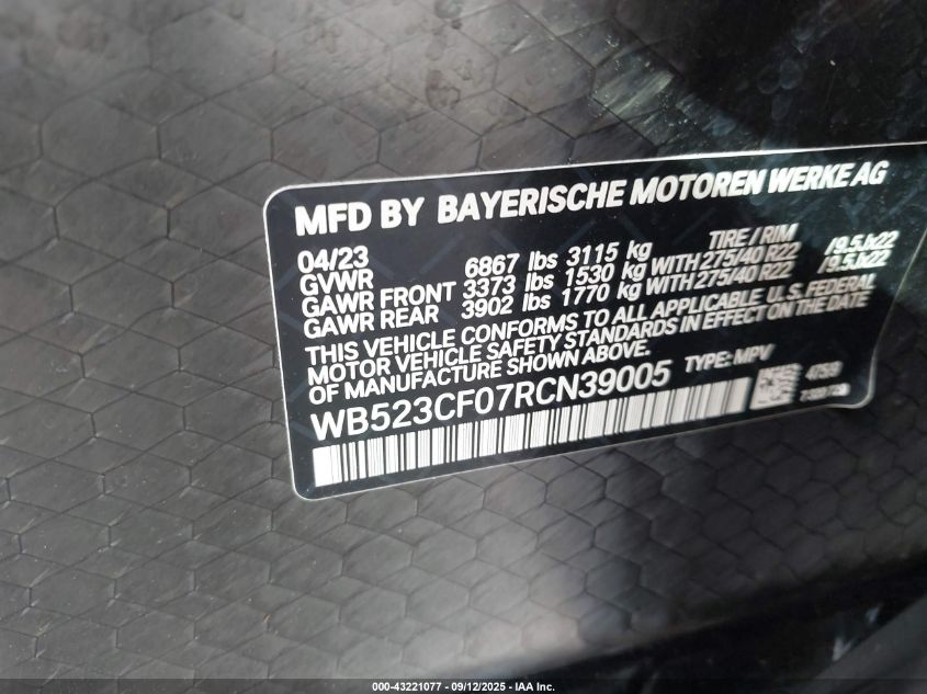 2024 BMW Ix xDrive50 VIN: WB523CF07RCN39005 Lot: 43221077