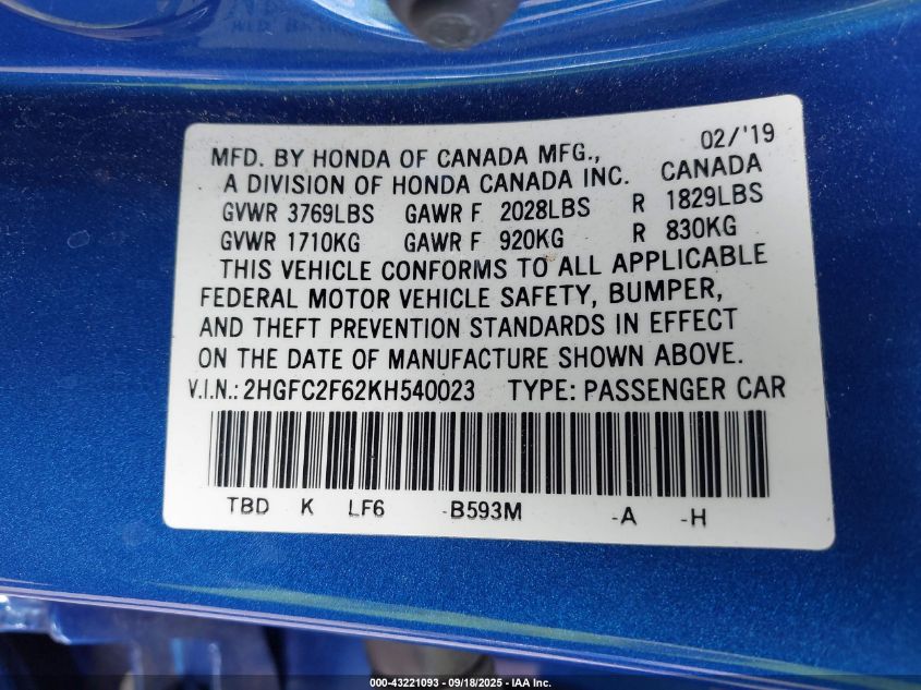 2019 Honda Civic Lx VIN: 2HGFC2F62KH540023 Lot: 43221093
