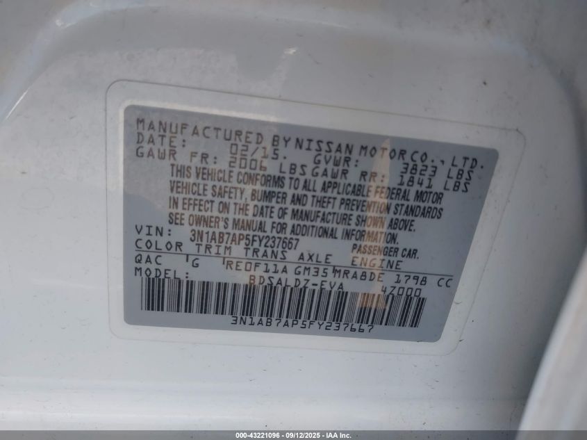 2015 Nissan Sentra Sv VIN: 3N1AB7AP5FY237667 Lot: 43221096